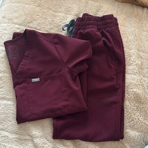 Extra small joggers with extra small one pocket top! Maroon, FIGS!